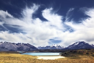 The huge deserted National Park Perito Moreno in Patagonia, Argentina. Strong wind turns the clouds