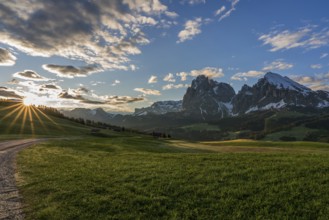 Panoramic view of the Langkofel Group from Seiser Alm in the Dolomites in South Tyrol, Italy,