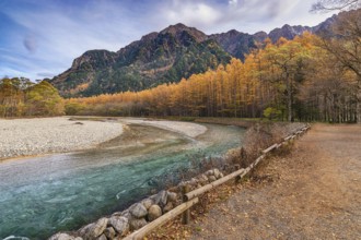 Kamikochi Japan, Nature landscape at Kamikochi Japan, autumn fall foliage with pond and mountain
