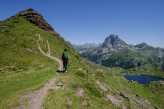 Trekker on Tour de l Ossau and Ayous lakes tour, Pyrenees National Park, Pyrenees Atlantiques,