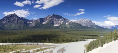 Panorama of Mount Christie and Mount Fryatt with the Athabasca River below, Alberta, Canada, North