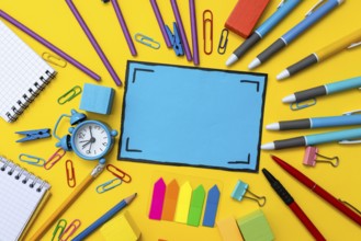 Banner Concept Back To School Alarm Clock Color Chalk Pencil Apple Notebook Stationery on Green