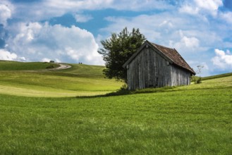 Scenic view over the German countryside around the village Kappel with two old wooden sheds over