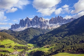 Charming old little church in the Val de Funes. Dolomites on a sunny autumn day. The beautiful