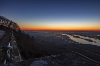 Beautiful park at sunrise on a winter morning. Beautiful view of the Rhine valley at sunrise.