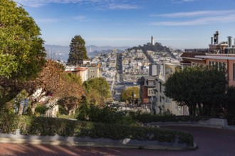 A picture of the Coit Tower atop the Telegraph Hill as seen from the Lombard Street, in the fall