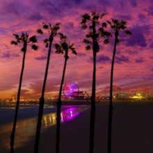 Santa Monica California sunset on Pier Ferrys wheel and reflection on beach wet sand