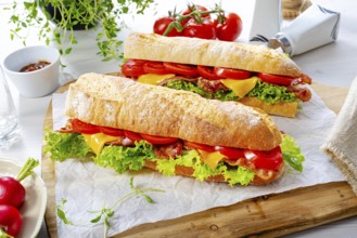Crispy baguette with bacon, tomatoes and cheese
