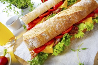 Crispy baguette with bacon, tomatoes and cheese