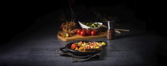 Brussels sprouts and bacon skewers with potato widgets