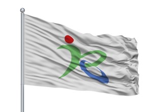 Kobayashi City Flag On Flagpole, Country Japan, Miyazaki Prefecture, Isolated On White Background