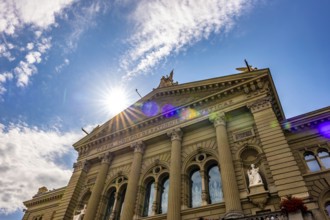 Beautiful Bundeshaus Parliament Building or Federal Palace in a Sunny Day with Sunbeam and Lens