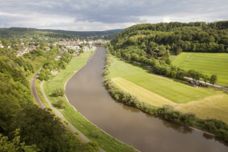 View from the Skywalk on River Weser, Beverungen, Weser Uplands, North Rhine-Westphalia, Germany,