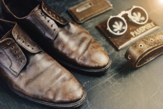 Brown shoes and vintage travel accessories illuminated with a warm lens flare effect
