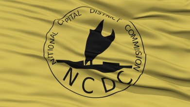 Closeup Port Moresby City Flag, Capital City of Papua New Guinea, Waving in the Wind