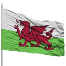Wales Flag on Flagpole, Flying in the Wind, Isolated on White Background