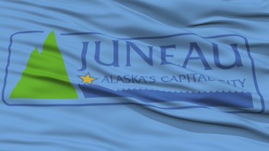Closeup Juneau Flag, Capital of Alaska State, Flying in the Wind