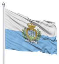 Flag of San Marino with flagpole waving in the wind against white background