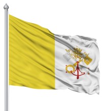 Flag of Vatican city with flagpole waving in the wind against white background