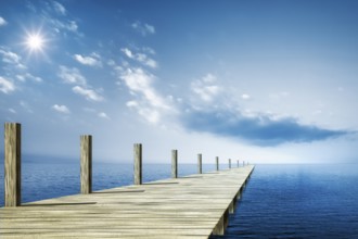 An image of a wooden jetty and the blue ocean background
