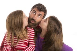Happy family beard father and two kid daughters blue eyes on white background