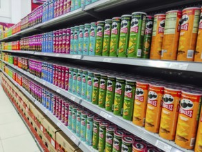 Pringles potatoes on the shelf of a supermarket in the city of Pedro Juan Caballero, Paraguay,