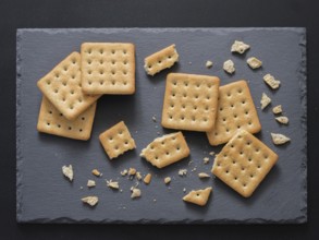 Square crackers with pieces and crumbs on slate gray background. Dry salt cracker cookies with