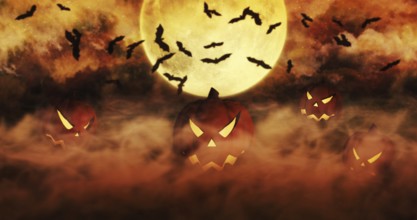 Halloween Pumpkins At The Cemetery Rising From The Mist With Clouds and The Moon In The Background