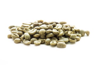 Green coffee beans heap isolated on white