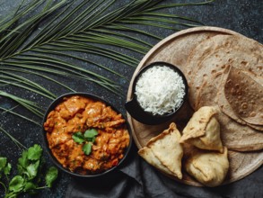 Indian cuisine dishes: tikka masala, rice, samosa, chapati, . Indian food on dark background with