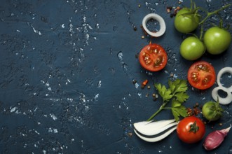 Vegetables background. Fresh vegetables (garlic, tomatoes, onions) on a dark embossed surface. View