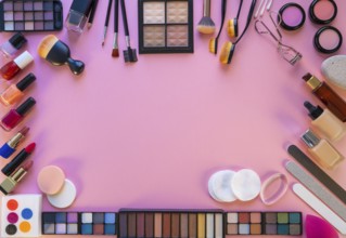 Cosmetics makeup lipstick eye shadows arrangement on pink table