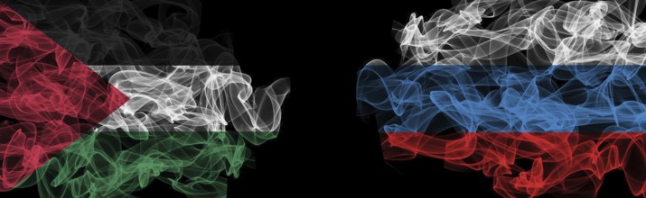 Flags of Palestine and Russia on Black background, Palestine vs Russia Smoke Flags