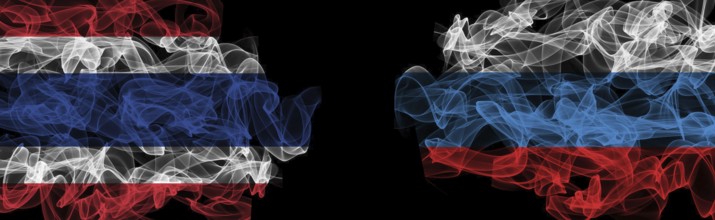 Flags of Thailand and Russia on Black background, Thailand vs Russia Smoke Flags