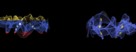 Flags of Venezuela and the EU on a black background, Venezuela vs Europe Union Smoke Flags