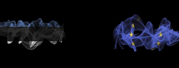 Flags of Estonia and the EU on a black background, Estonia vs European Union smoke flags