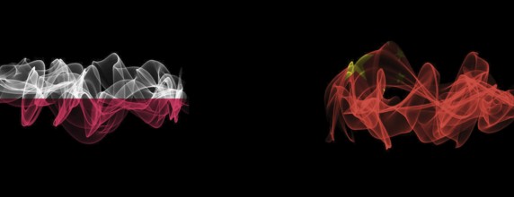 Flags of Poland and China on Black background, Poland vs China Smoke Flags