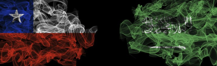 Flags of Chile and Saudi Arabia on Black background, Chile vs Saudi Arabia Smoke Flags