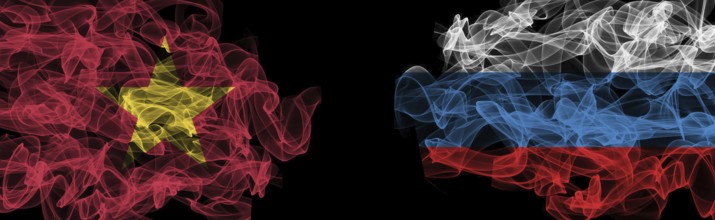 Flags of Vietnam and Russia on Black background, Vietnam vs Russia Smoke Flags