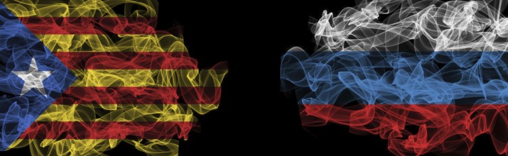 Flags of Catalonia and Russia on Black background, Catalonia vs Russia Smoke Flags