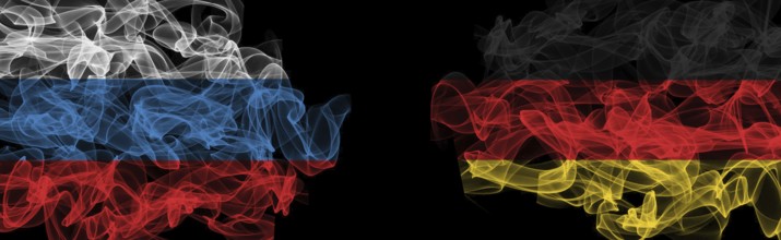 Flags of Russia and Germany on Black background, Russia vs Germany Smoke Flags