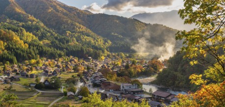 Shirakawago village Gifu Japan panorama, Historical Japanese traditional Gassho house at Shirakawa