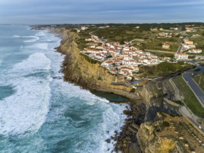 Aerial view of beautiful coastal town Azenhas do Mar in Portugal. The picturesque town on the
