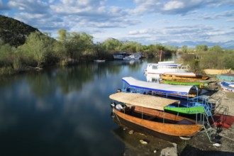 Colorful boats and sunny weather at Virpazar Harbor, Skadar Lake, Montenegro, Europe
