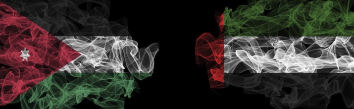 Flags of Jordan and UAE on Black background, Jordan vs United Arab Emirates Smoke Flags