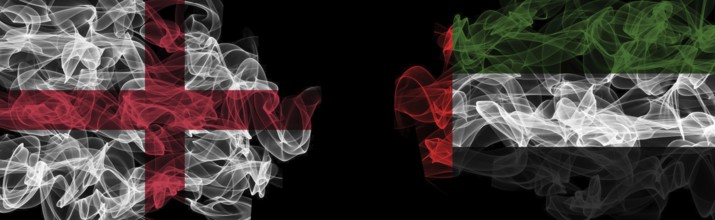 Flags of England and UAE on Black background, England vs United Arab Emirates Smoke Flags