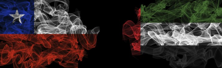 Flags of Chile and UAE on Black background, Chile vs United Arab Emirates Smoke Flags