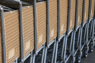 Retail image of a row of supermarket carts