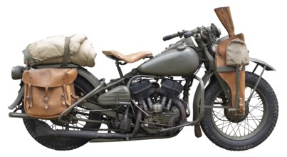 A Vintage Green US World War II Army Motorcycle, With Rifle, Isolated On A White Background