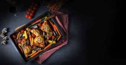 Grilled chicken legs with various vegetables and herbs